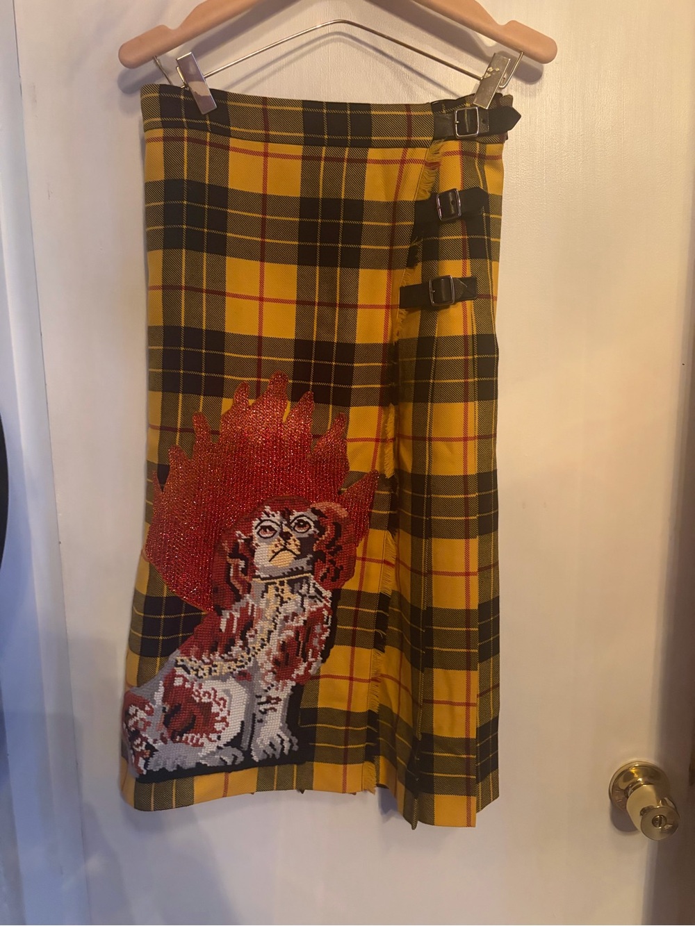 Gucci Yellow Plaid Midi Wrap Skirt with Embroidered Dog and Flame